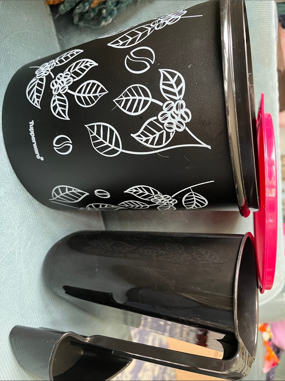 Tupperware Black Canister Set with White Leaf Print and Pink Lid